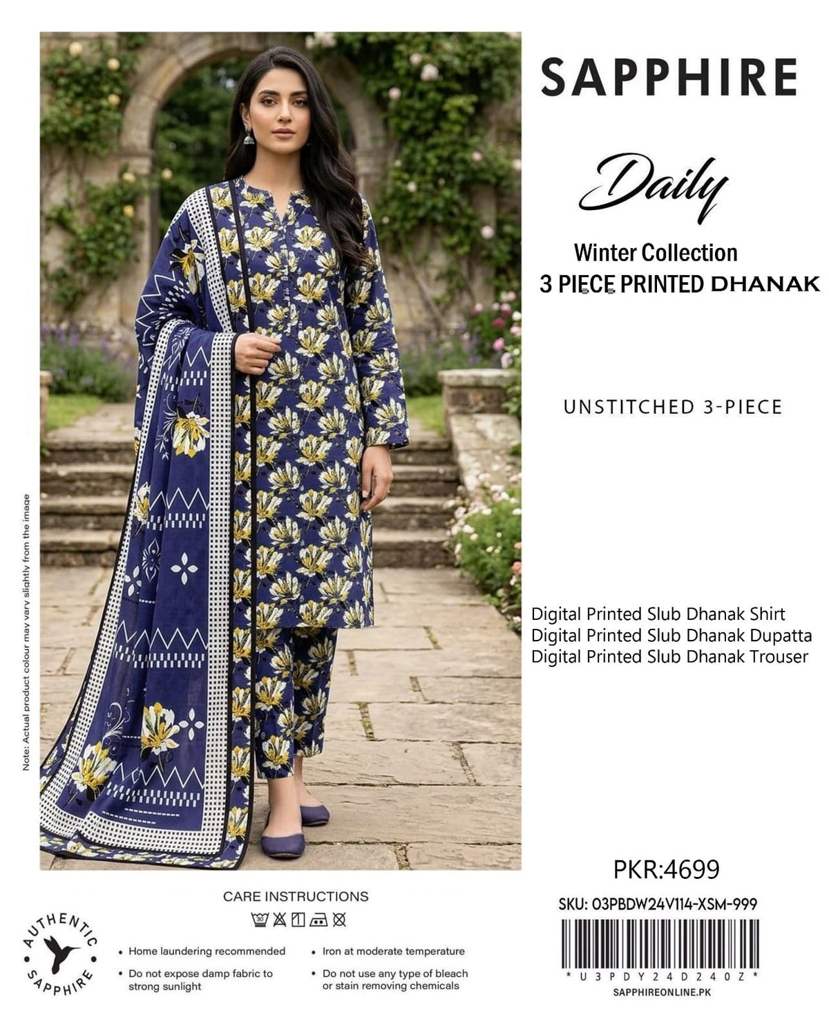 Sapphire Slub Dhanak 3-Piece Unstitched Ladies Suit – Premium Winter Collection