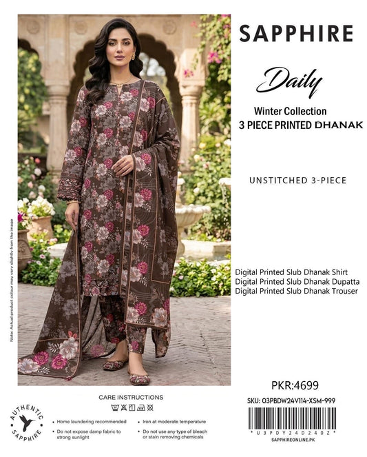 Sapphire Slub Dhanak 3-Piece Unstitched Ladies Suit – Premium Winter Collection