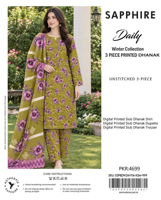 Sapphire Slub Dhanak 3-Piece Unstitched Ladies Suit – Premium Winter Collection