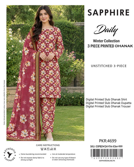 Sapphire Slub Dhanak 3-Piece Unstitched Ladies Suit – Premium Winter Collection (Copy)