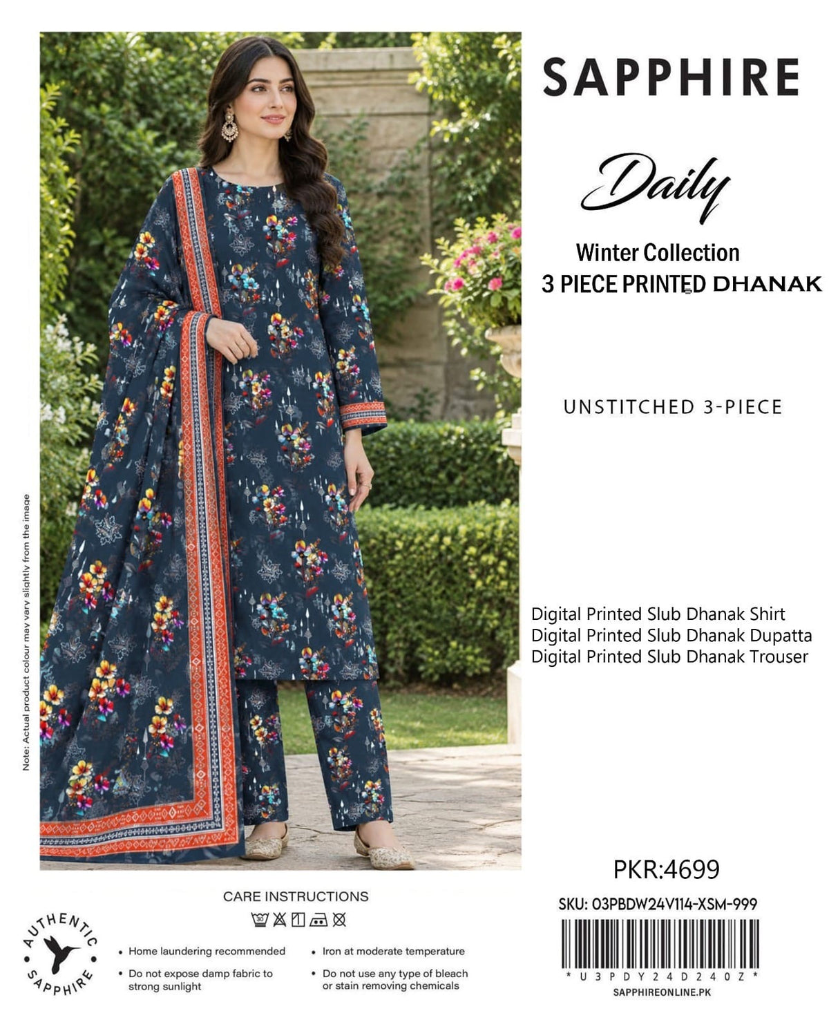 Sapphire Slub Dhanak 3-Piece Unstitched Ladies Suit – Premium Winter Collection