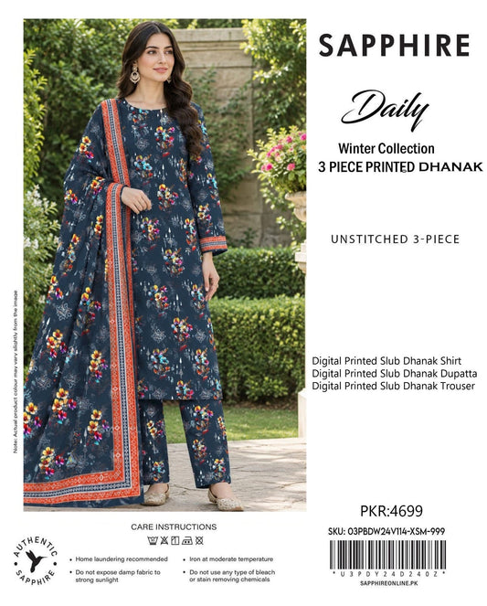 Sapphire Slub Dhanak 3-Piece Unstitched Ladies Suit – Premium Winter Collection