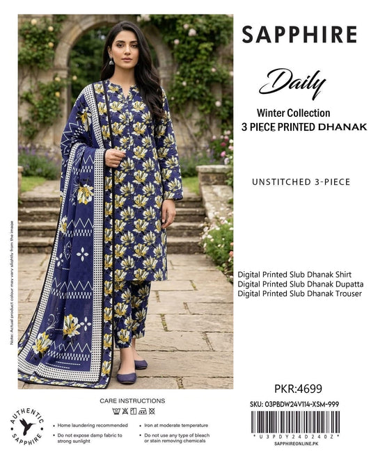 Sapphire Slub Dhanak 3-Piece Unstitched Ladies Suit – Premium Winter Collection