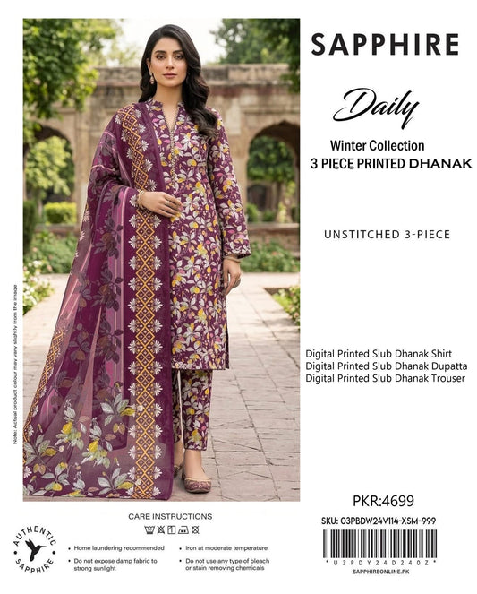 Sapphire Slub Dhanak 3-Piece Unstitched Ladies Suit – Premium Winter Collection
